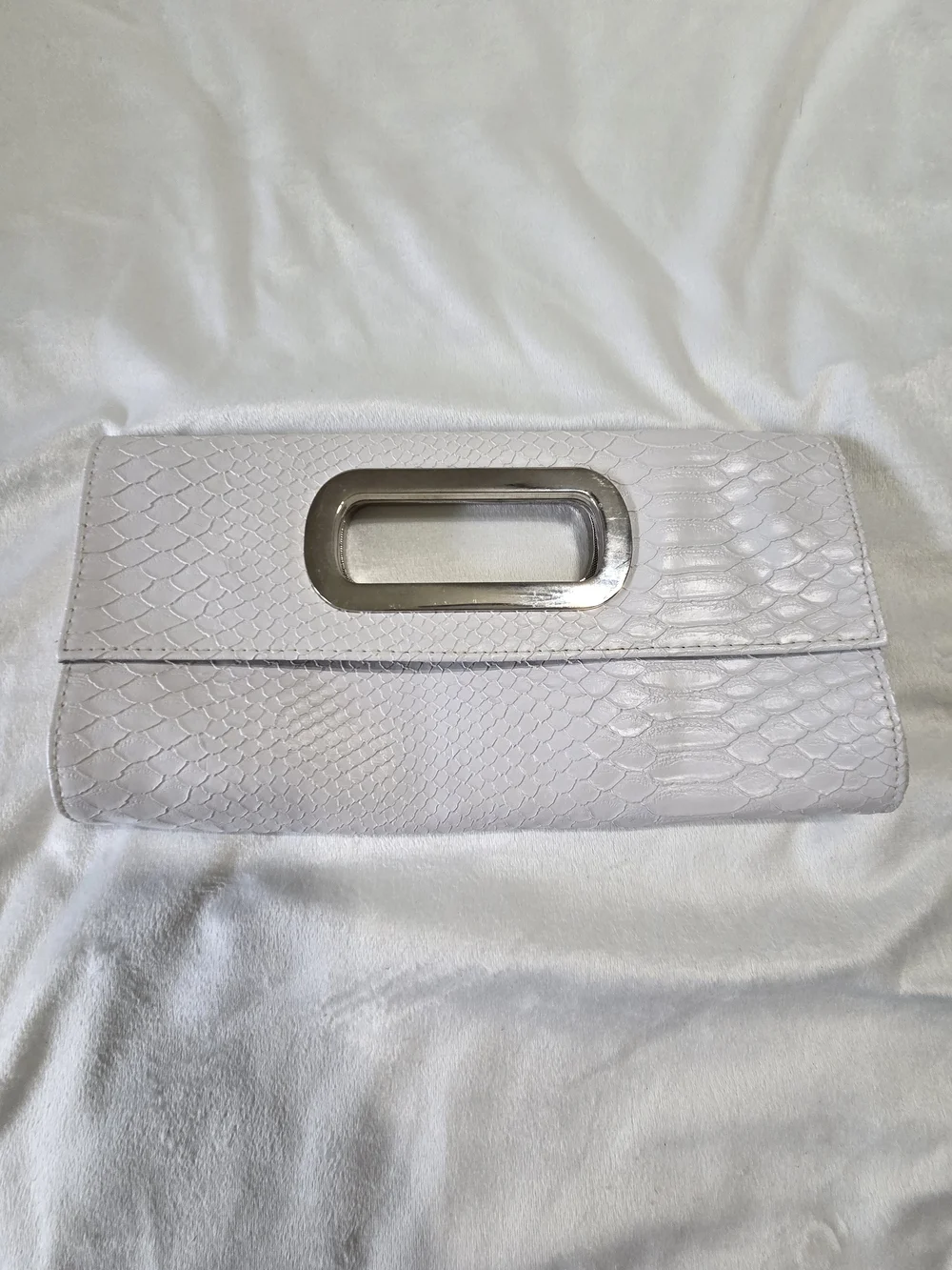 White Textured Faux-Snake Envelope Clutch with Metallic Handle Magnetic Closure